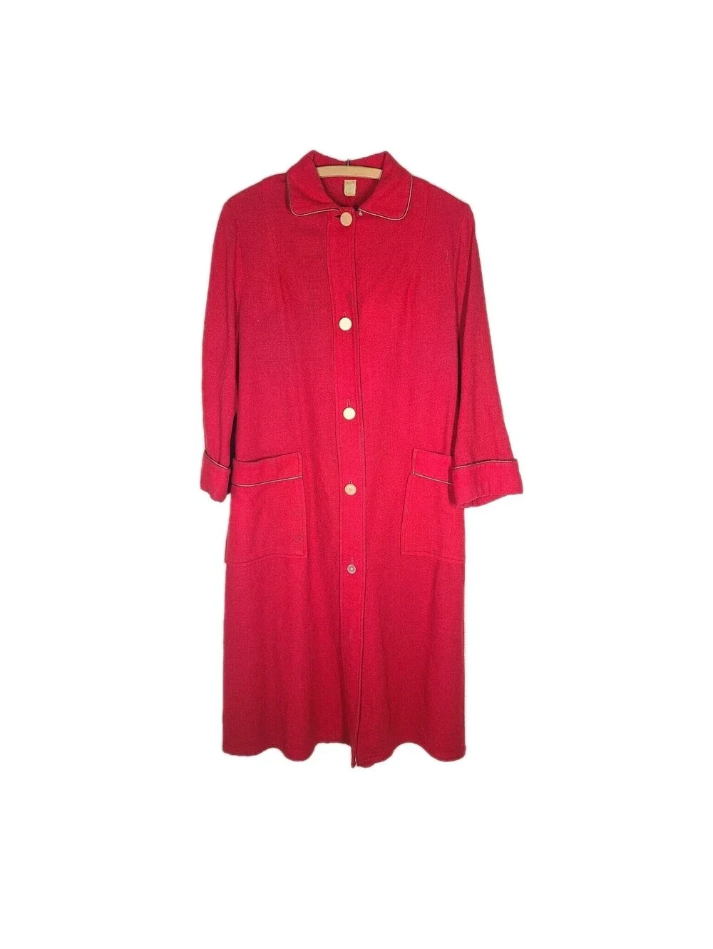 1950s Royal Robe 100% Wool Red Belt Back Satin Piping Housecoat Mens Unisex